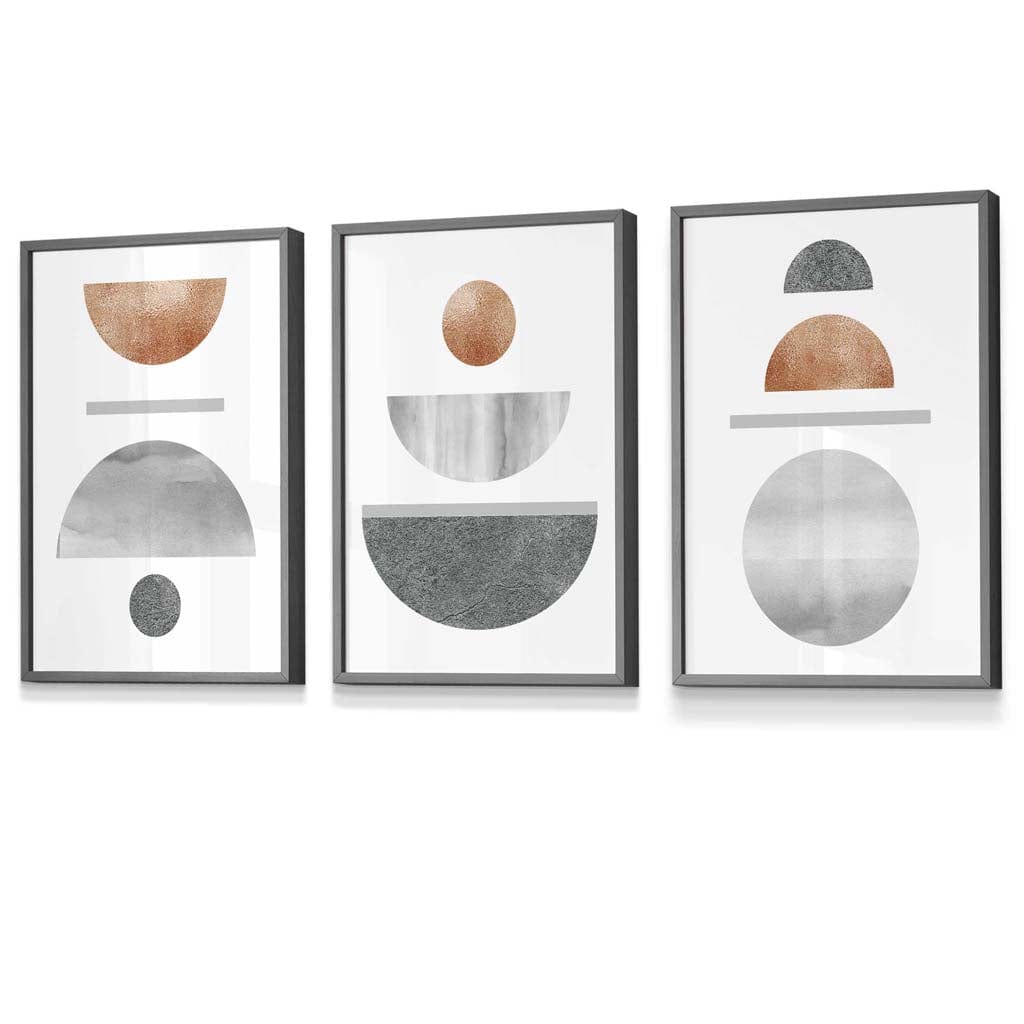 Copper and Gray Mid Century Geometric Framed Wall Art Set of 3