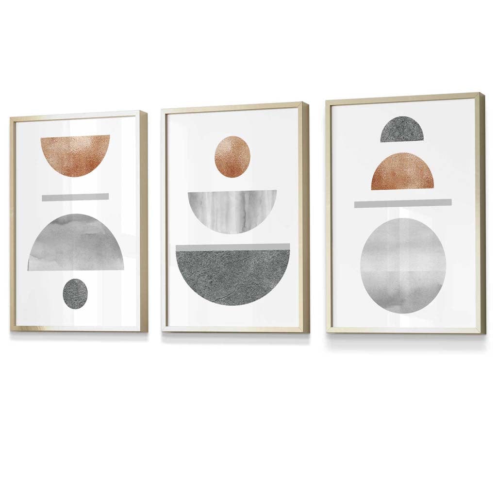 Copper and Gray Mid Century Geometric Framed Wall Art Set of 3