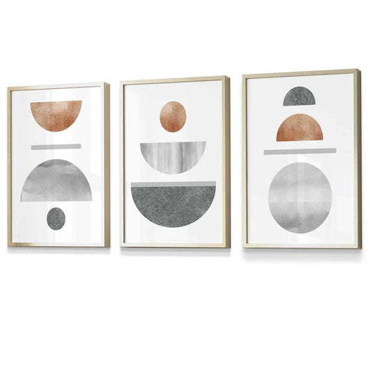 Copper and Gray Mid Century Geometric Framed Wall Art Set of 3