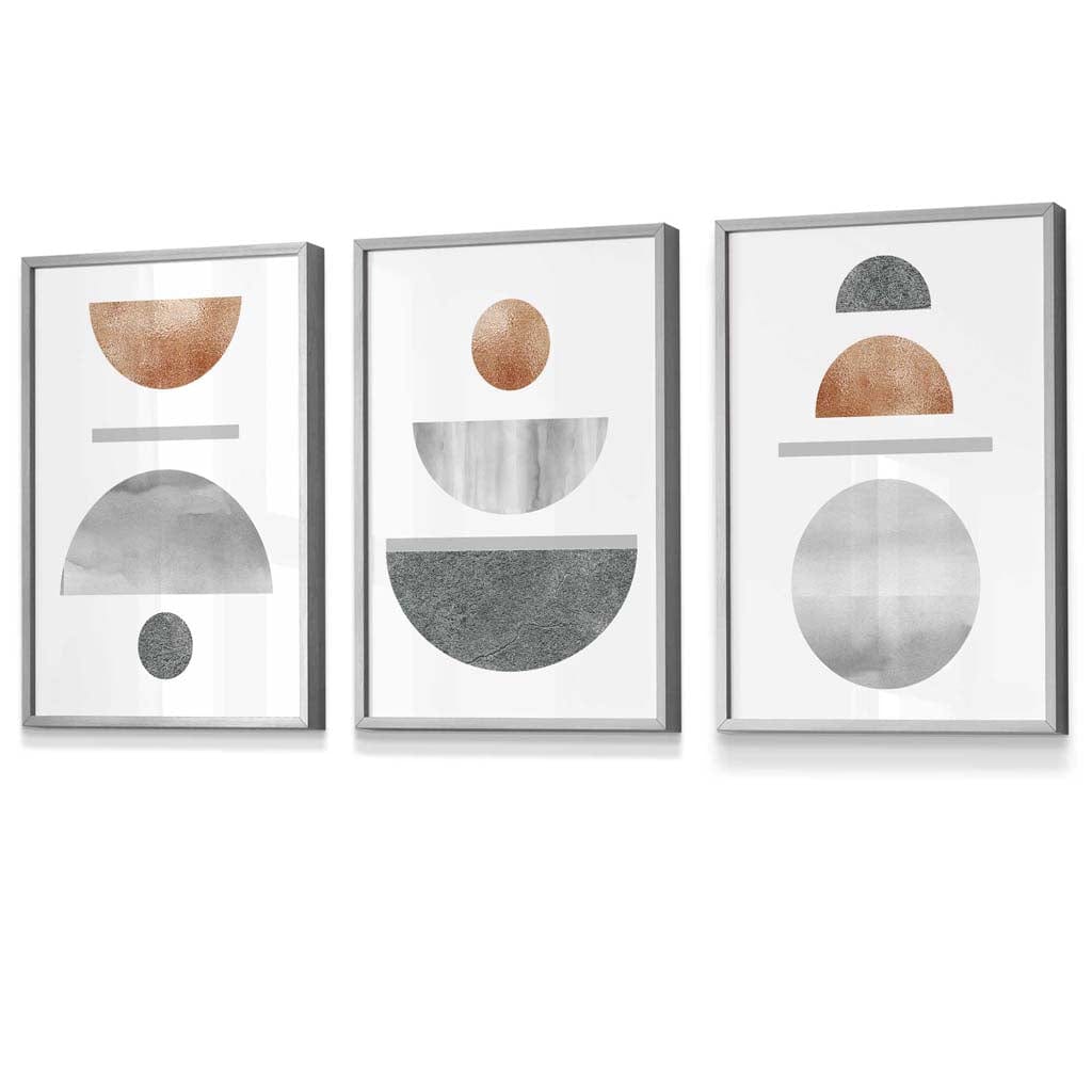 Copper and Gray Mid Century Geometric Framed Wall Art Set of 3