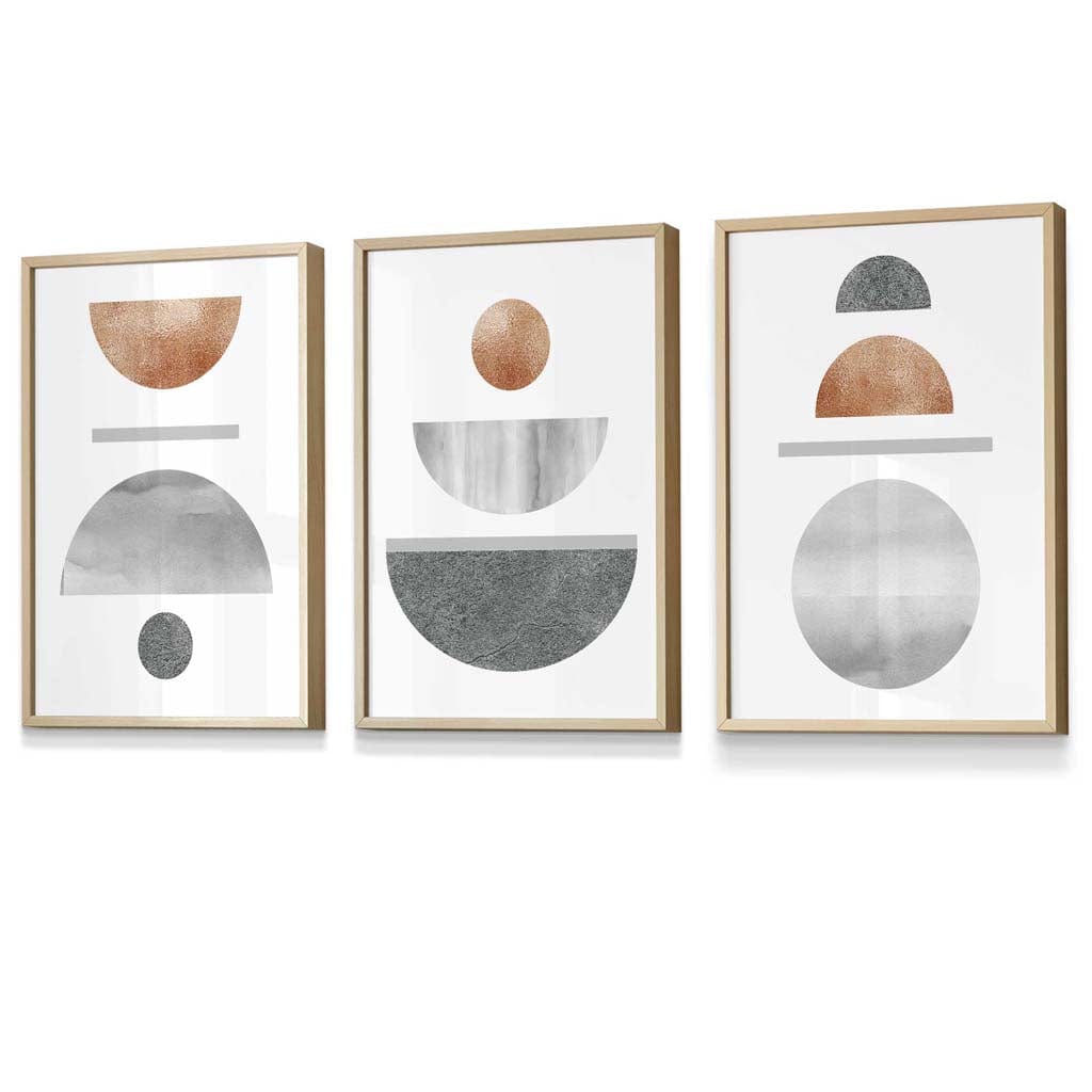 Copper and Gray Mid Century Geometric Framed Wall Art Set of 3