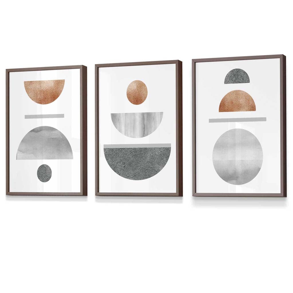 Copper and Gray Mid Century Geometric Framed Wall Art Set of 3