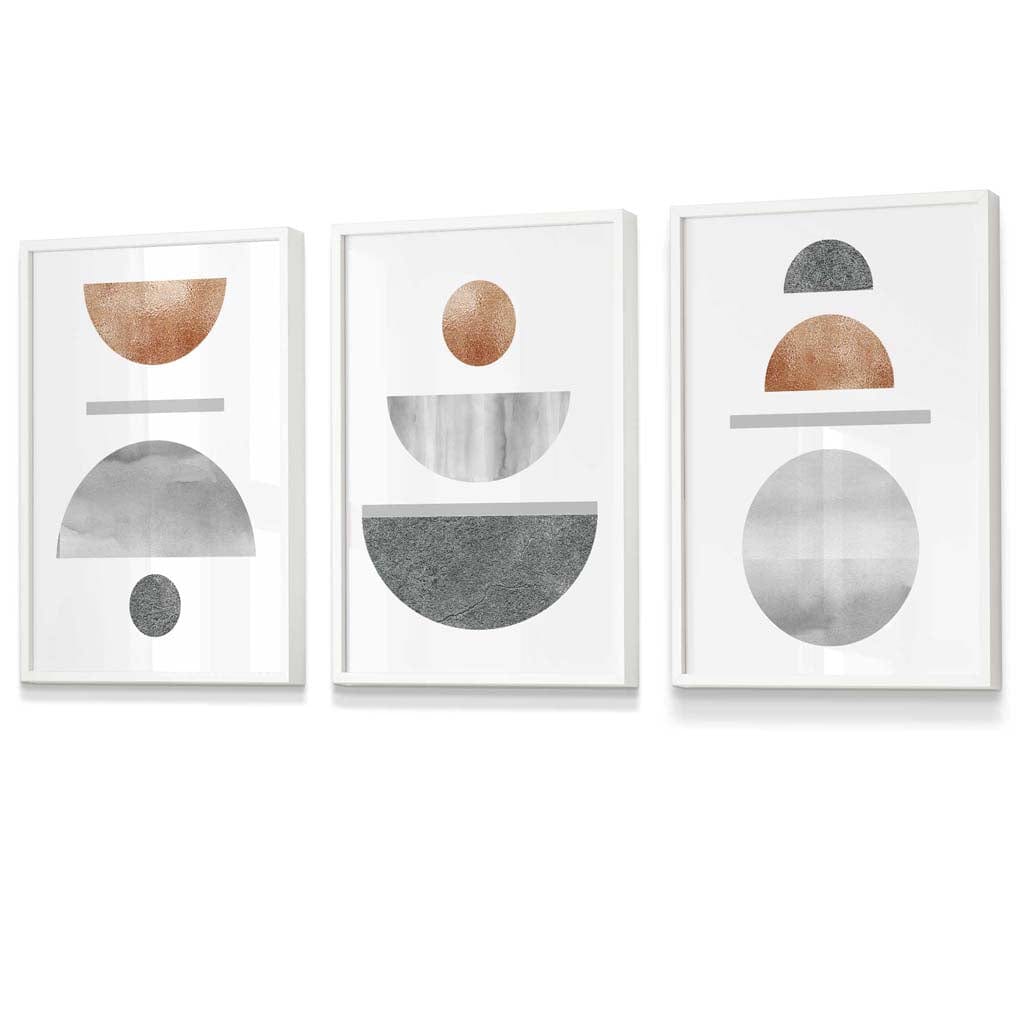 Copper and Gray Mid Century Geometric Framed Wall Art Set of 3