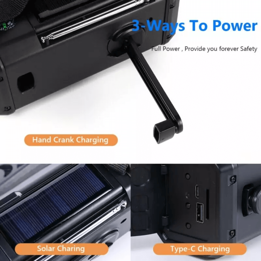 10,000mAh Solar Hand Crank Emergency Radio with Power Bank and LED Flashlight