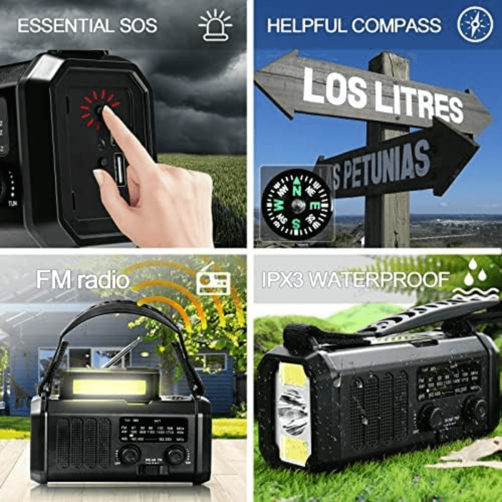 10,000mAh Solar Hand Crank Emergency Radio with Power Bank and LED Flashlight