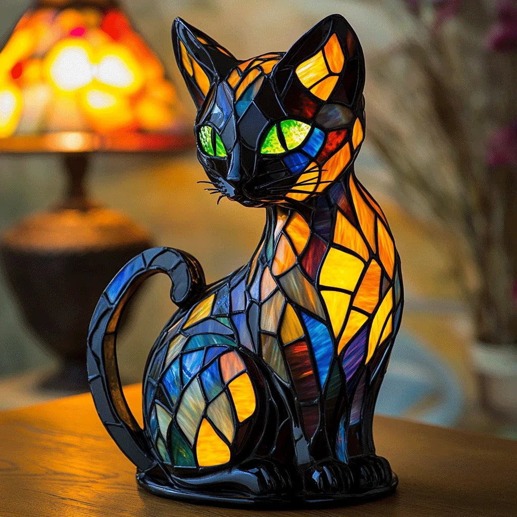 Stained Glass Cat Night Lamp - Colorful Mosaic Design