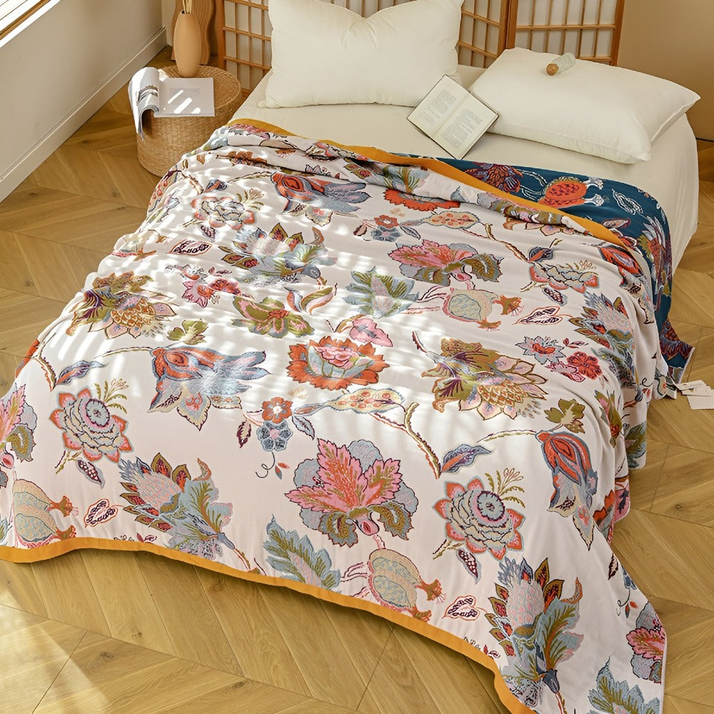 Reversible Floral Cotton Blanket for Couches and Beds
