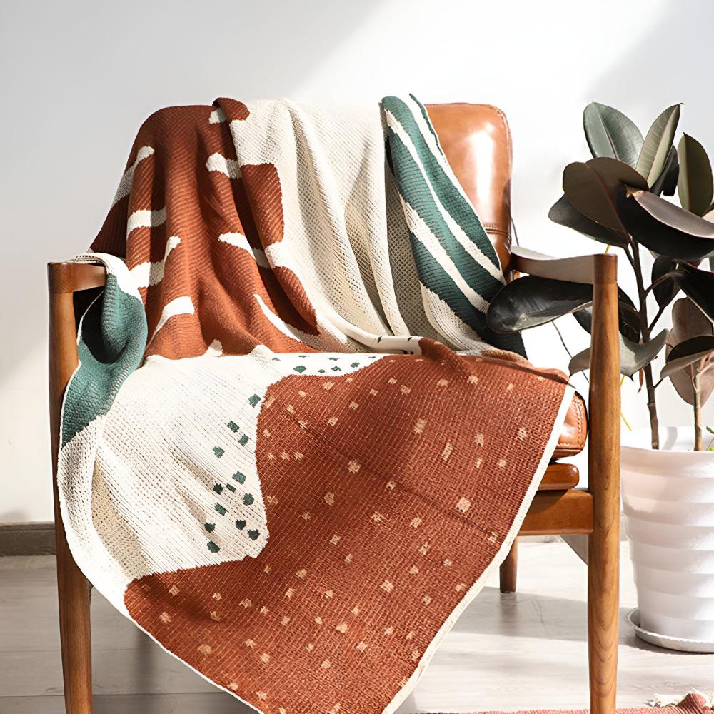 Abstract Knitted Throw Blanket in Cotton Linen