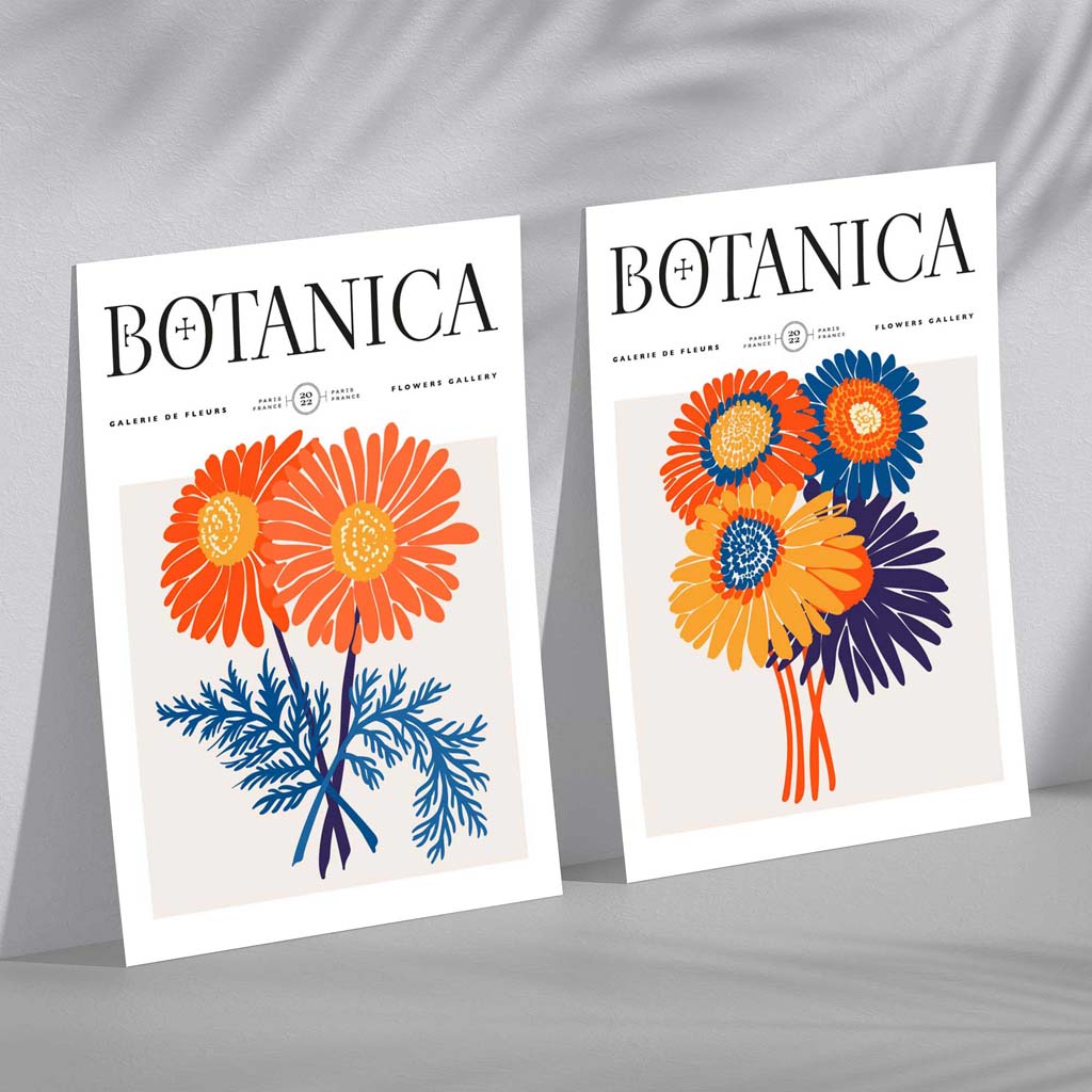 Bright Orange and Blue Summer Flower Art Prints - Set of 2