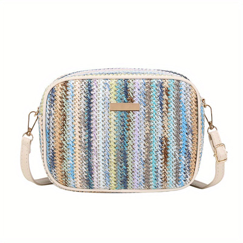 Woven Striped Shoulder Bag for Women with Zipper Closure