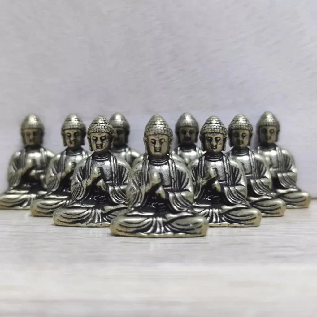 Mini Brass Buddha Statues - Set of 10 Travel Figures for Home Office Decor
