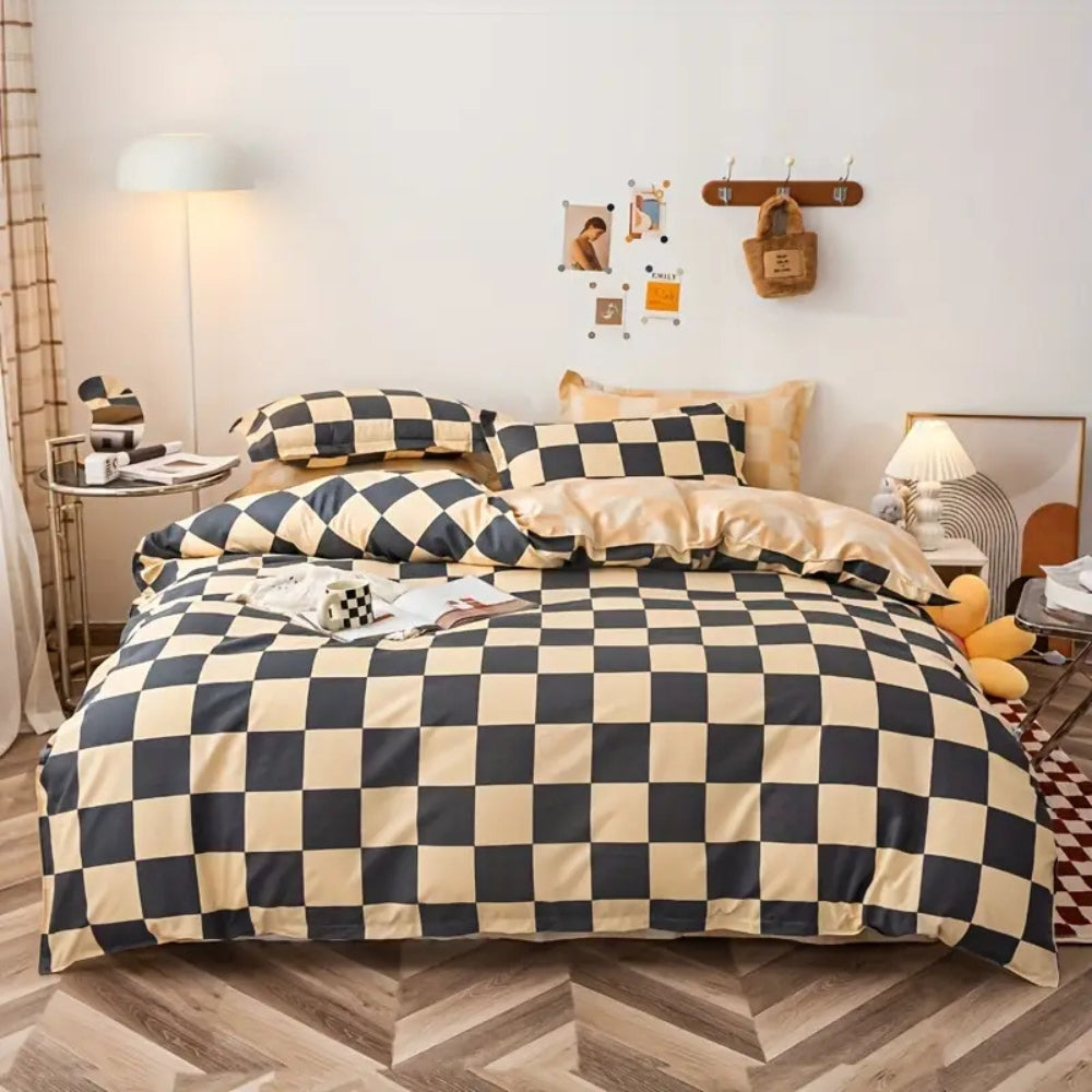 Checkered Cotton-Microfiber Duvet Cover Set with Pillowcases