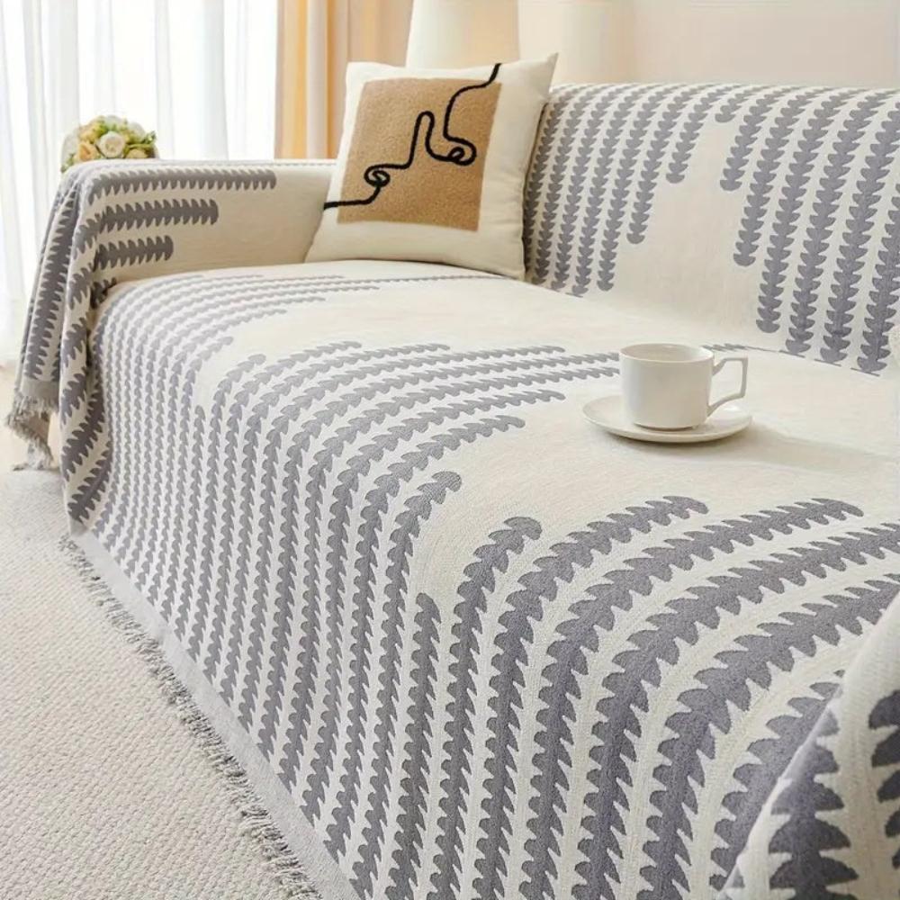 Monochrome Fern Chenille Sofa Cover with Anti-Slip Base