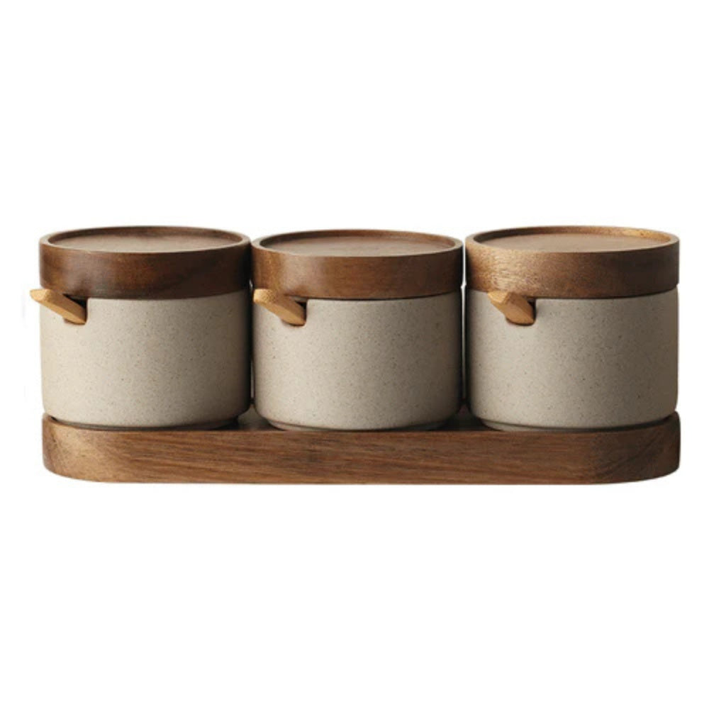 Ceramic Seasoning Jar Set with Wooden Lids