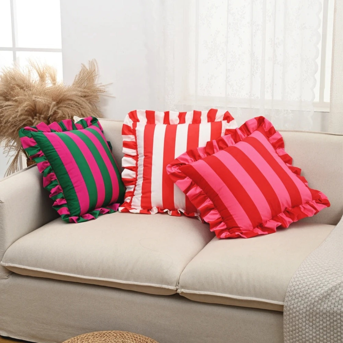 Striped Ruffle Cushion Cover in Soft Microfiber
