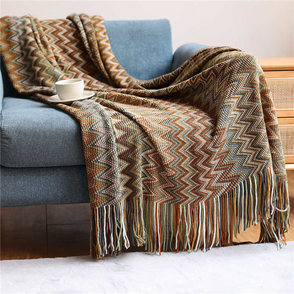Multicolor Boho Zigzag Knit Throw Blanket with Tassels