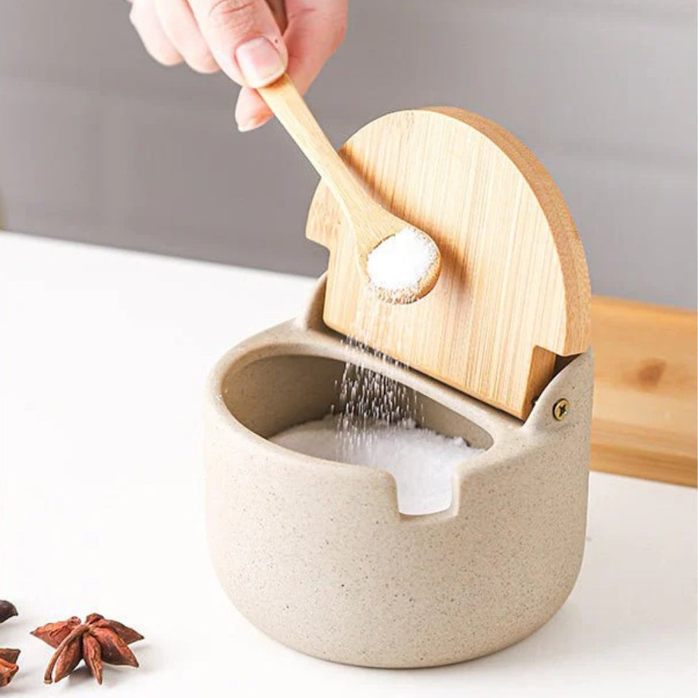 Ceramic Spice Jar Set with Bamboo Lids and Tray