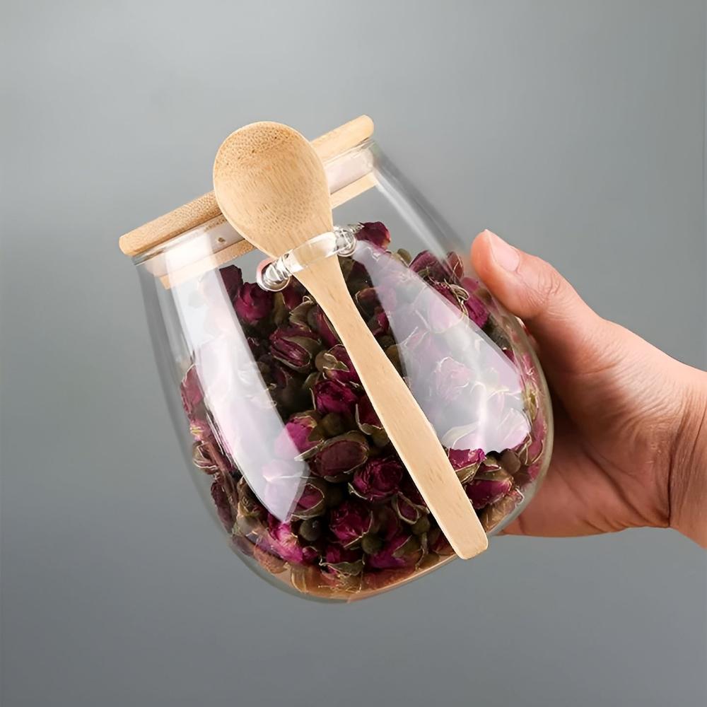 Airtight Glass Storage Jar with Wooden Lid and Spoon