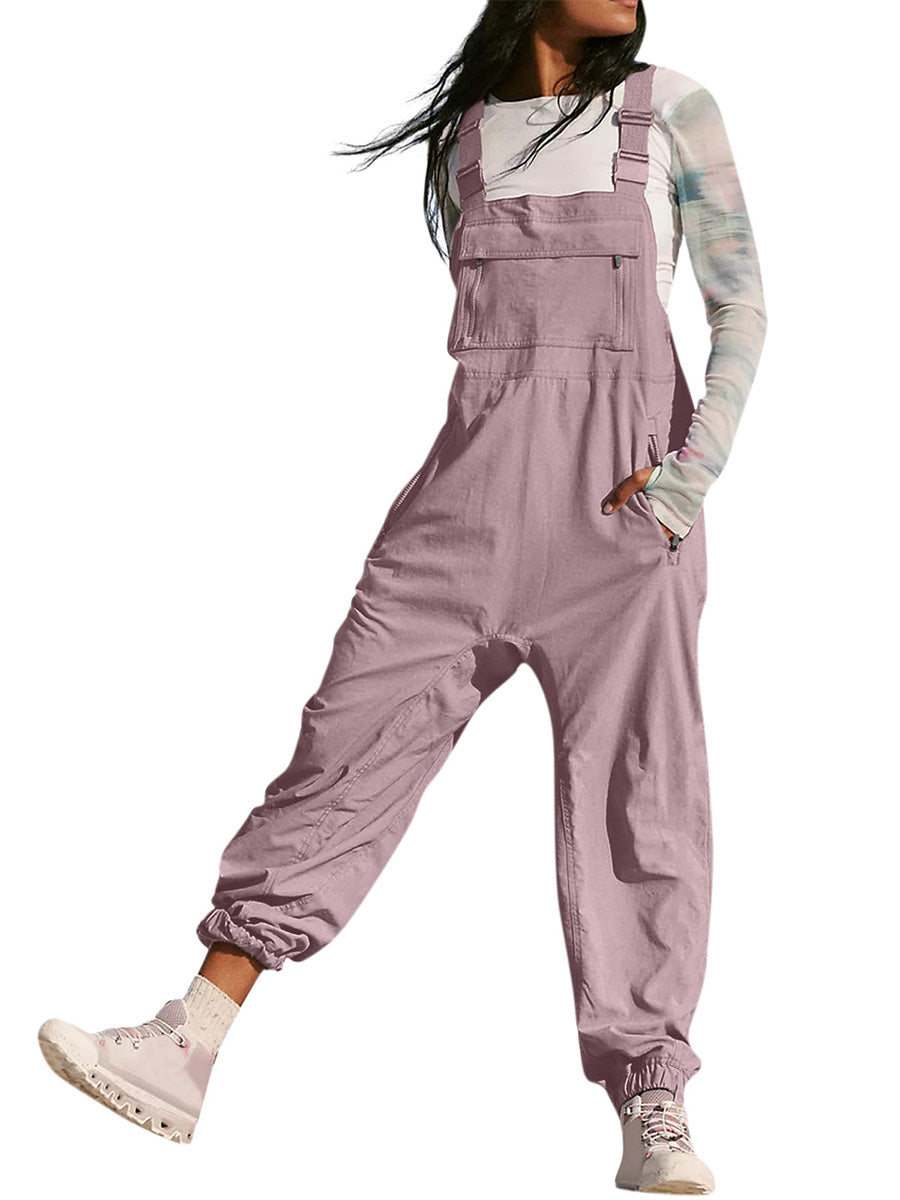 Loose Fit Women's Cargo Overalls with Zippered Pockets