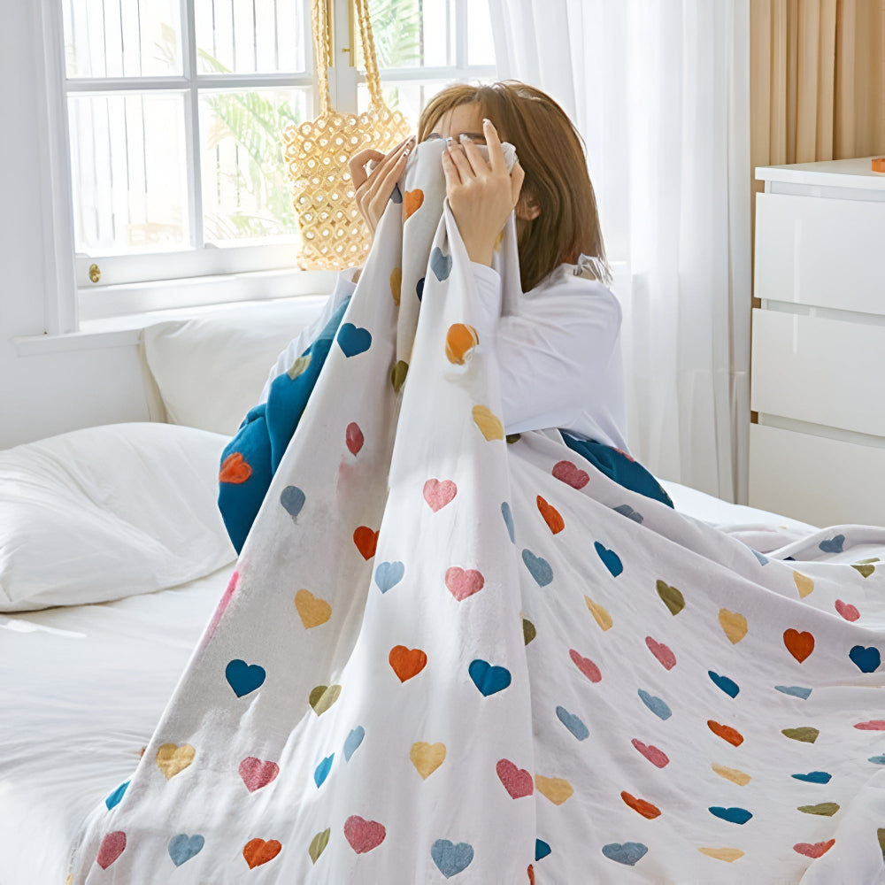 Reversible Cotton Blanket with Whimsical Heart Patterns