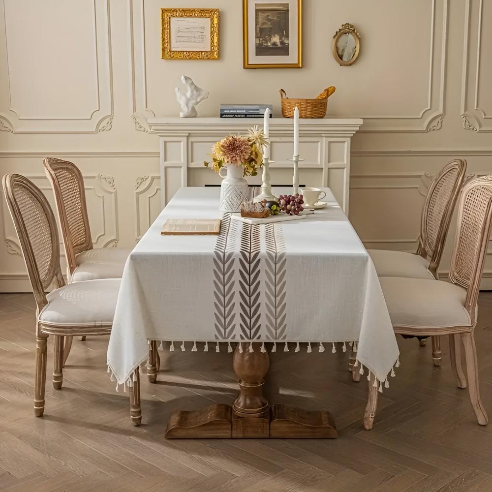 Embroidered Leaf Tablecloth with Tassel Edges