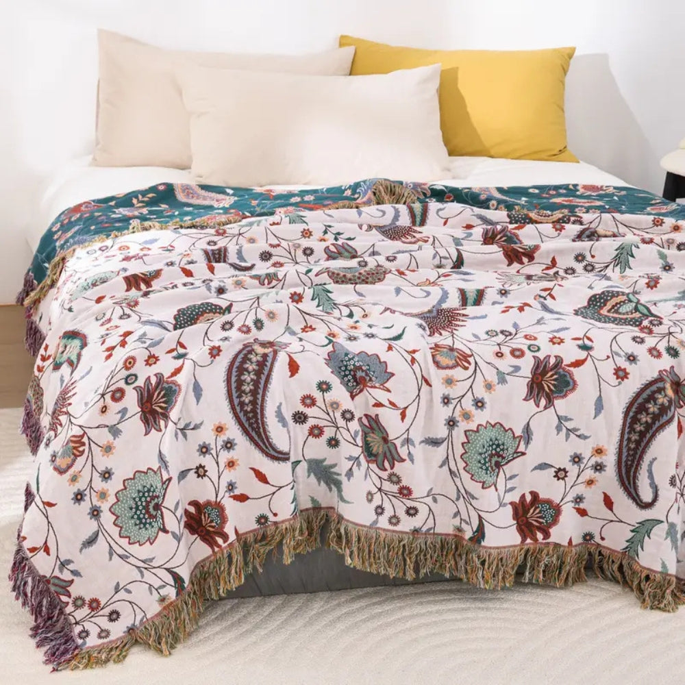 Reversible Floral Cotton Blanket with Tassels