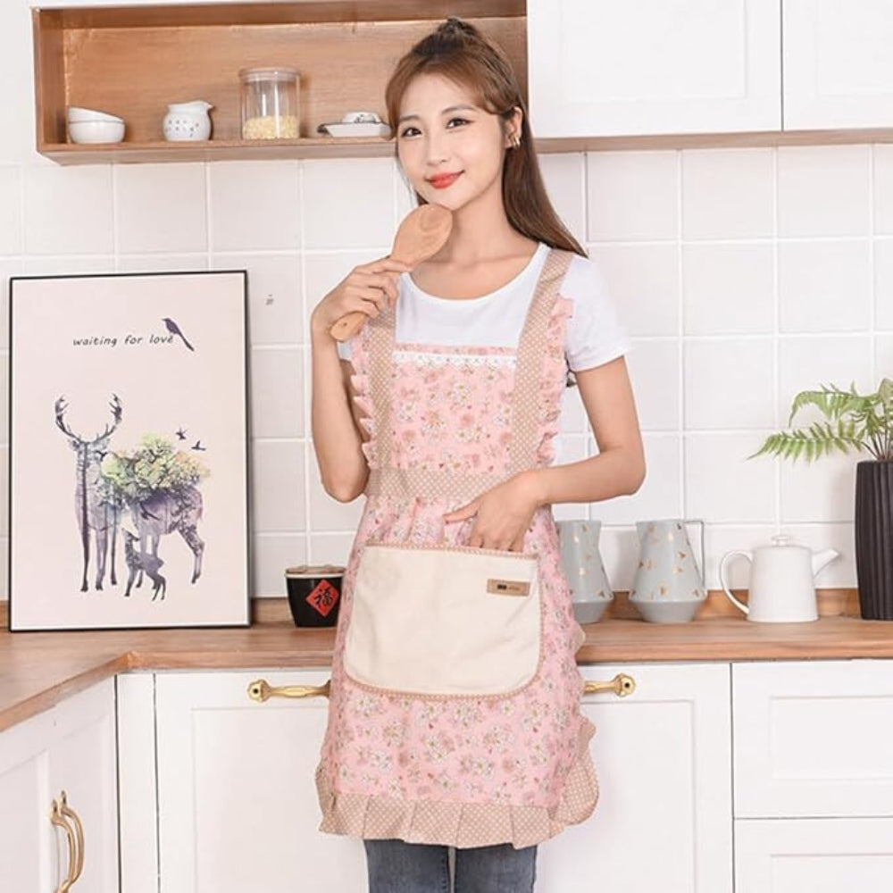Floral Cotton Kitchen Apron with Pockets