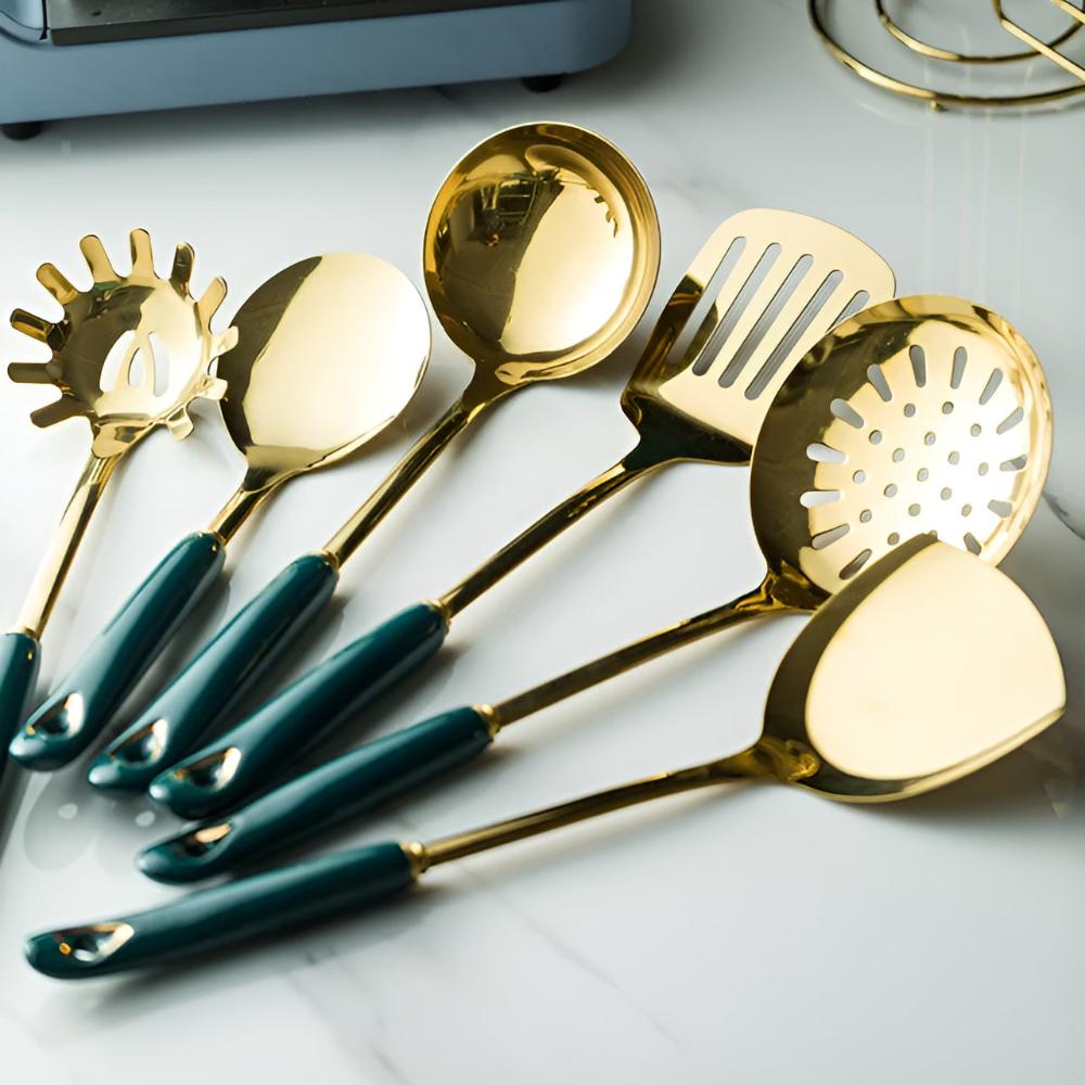 Golden Stainless Steel Utensil Set with Ergonomic Handles and Storage Rack