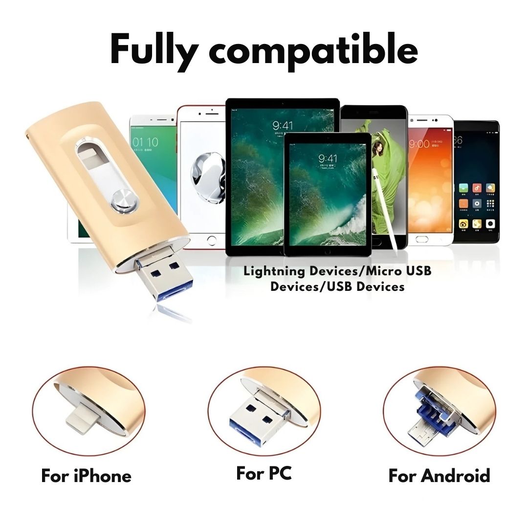 3-in-1 USB Stick with USB 3.0, OTG, and Type C Adapters