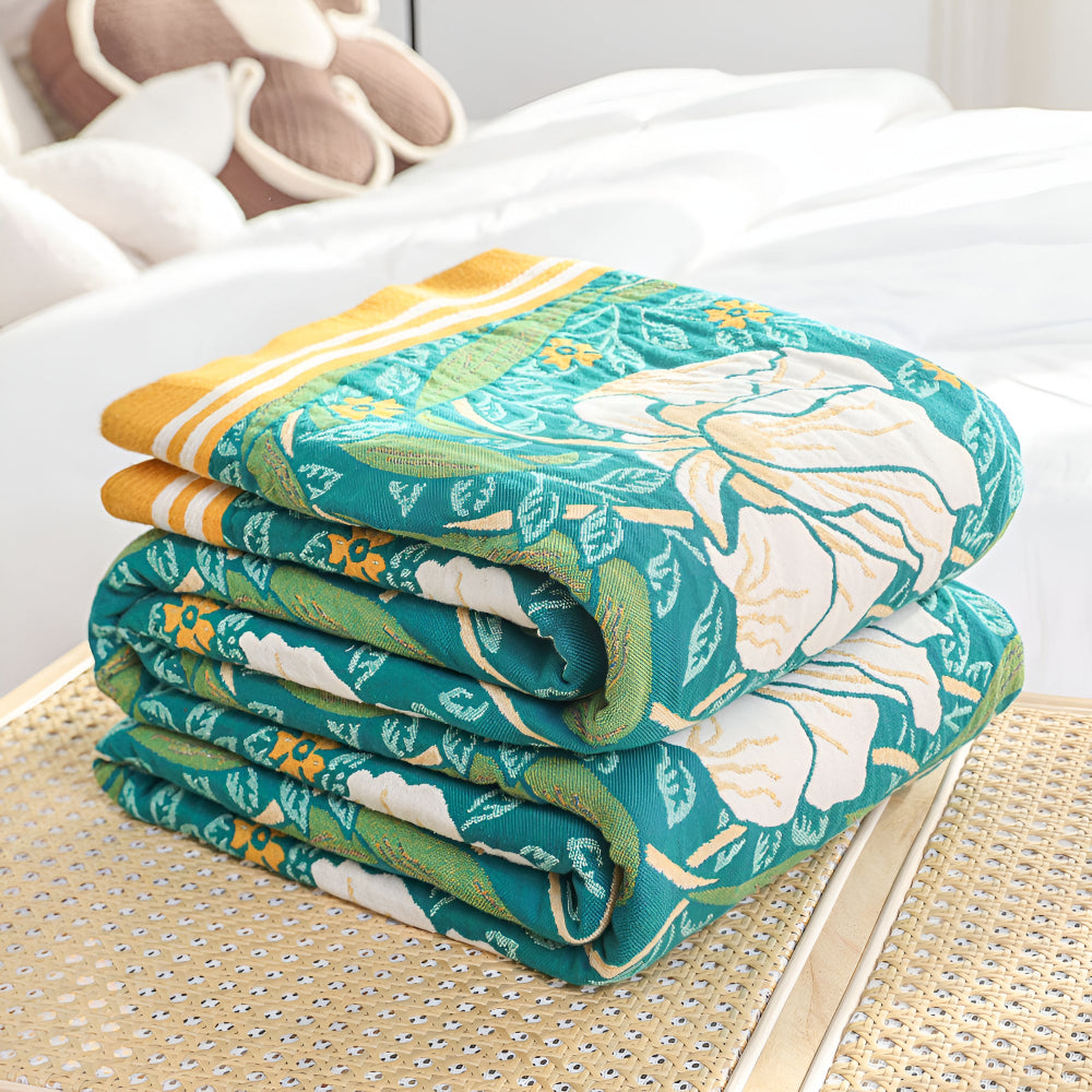 Botanical Green Cotton Blanket with Golden Border