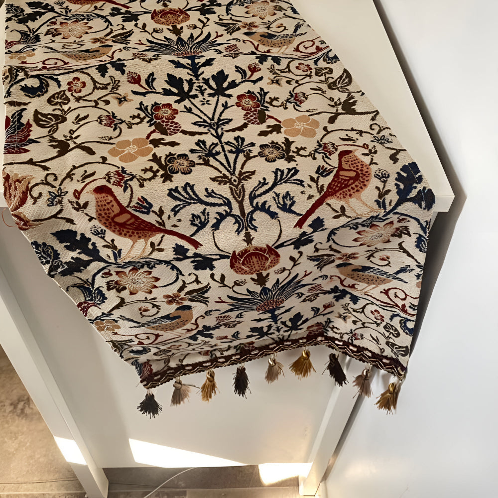 Vintage Floral Bird Jacquard Table Runner with Tasselled Edges