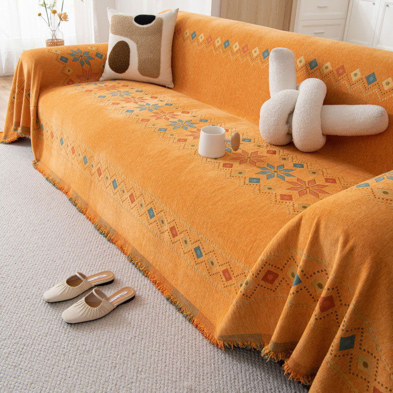 Bohemian Double-Sided Chenille Sofa Cover with Tassels