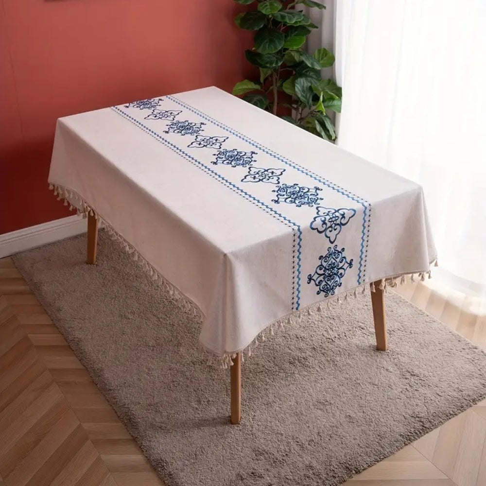 Embroidered Ivory Tablecloth with Jacquard Detailing