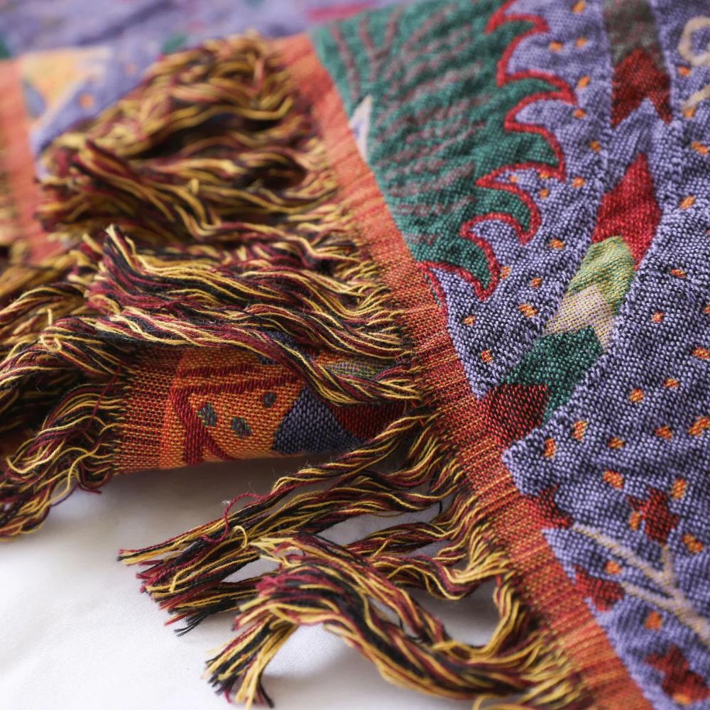 Peacock Pattern Cotton Tassel Throw Blanket