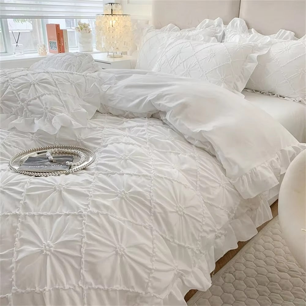 Cotton Plush Ruffle Bedding Set with Pinch Pleats