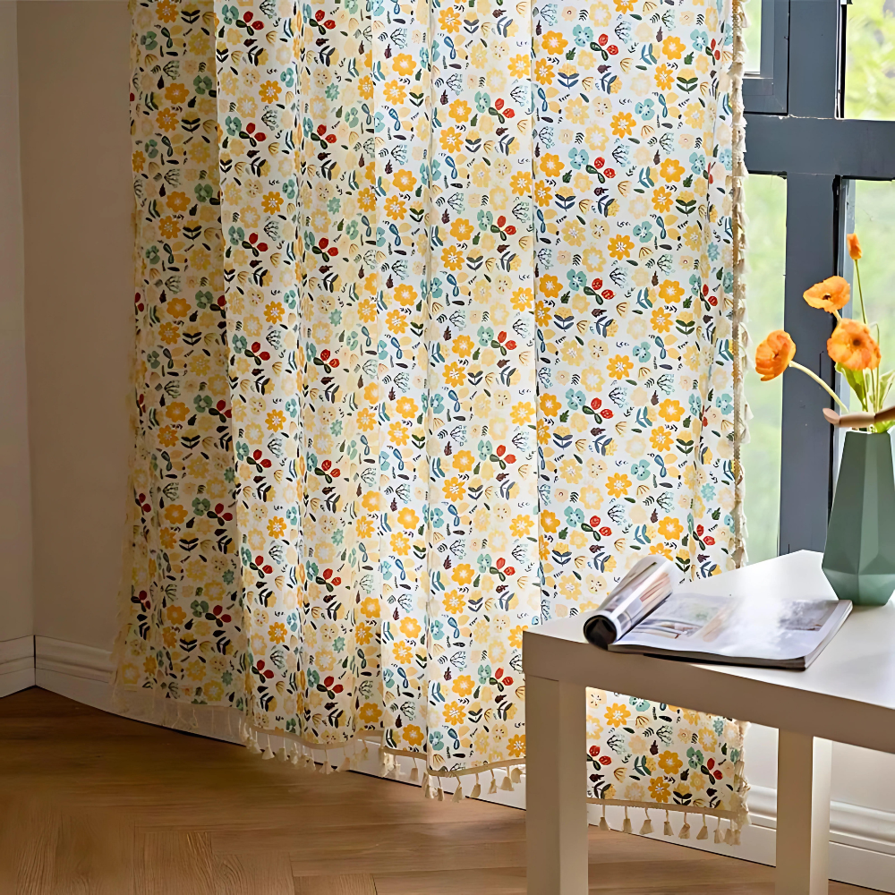 Yellow Flower Tassel Semi-Blackout Curtain