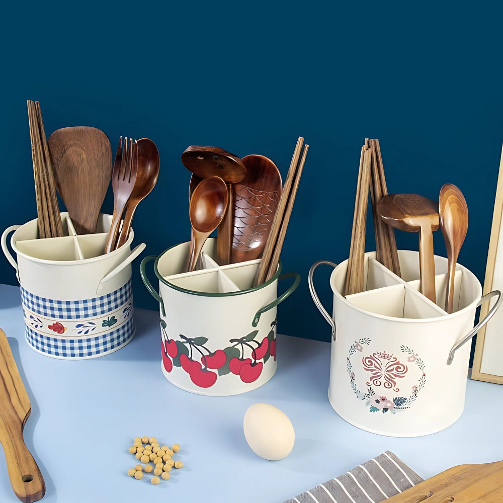 Retro Floral Utensil Storage Basket with Divider Lid