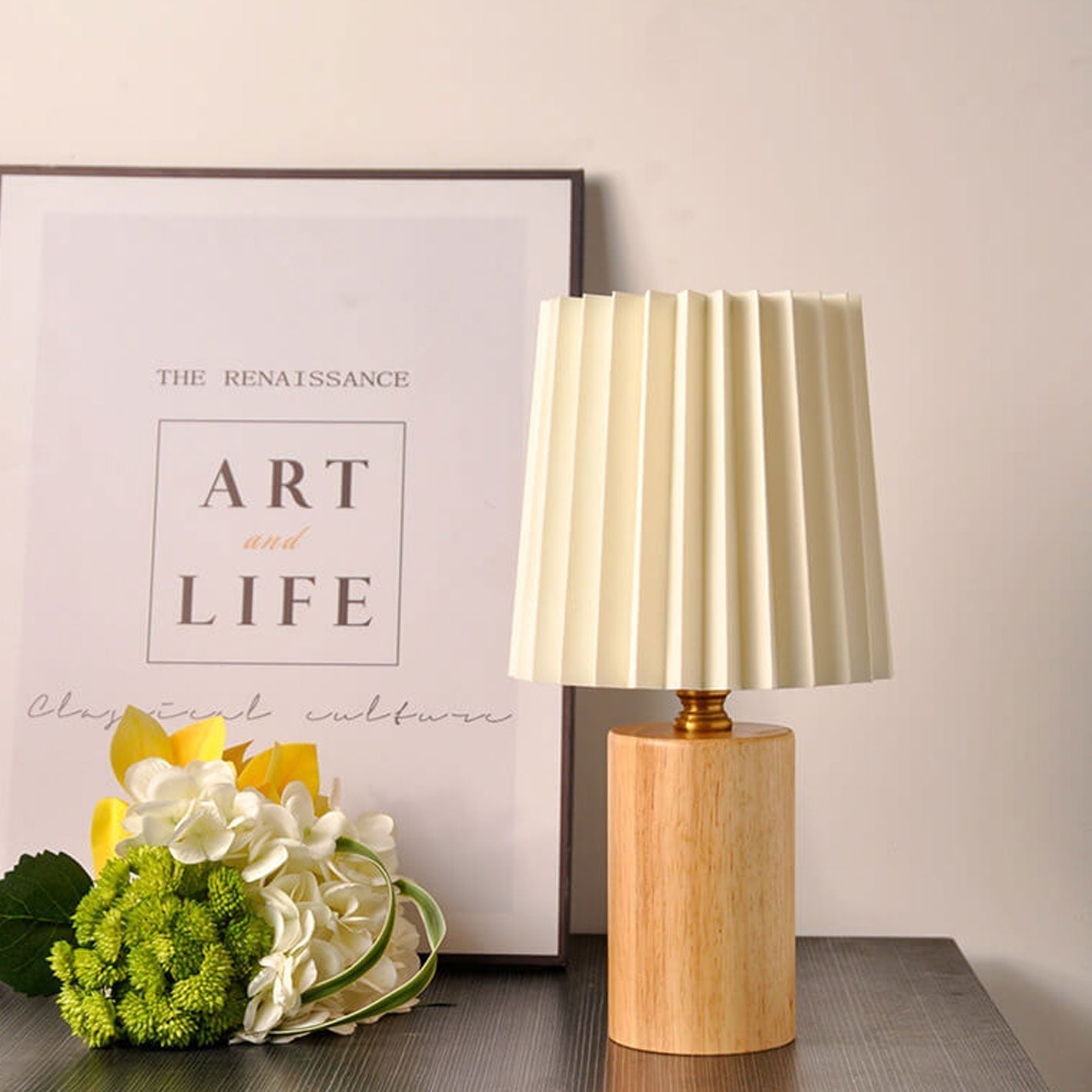 Vintage Korean Pleated Table Lamp with Solid Wood Base