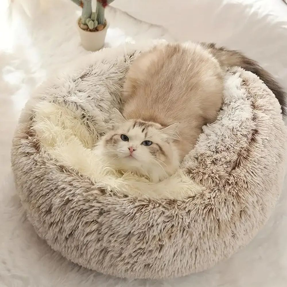 Hooded Faux Fur Pet Bed for Cats and Dogs