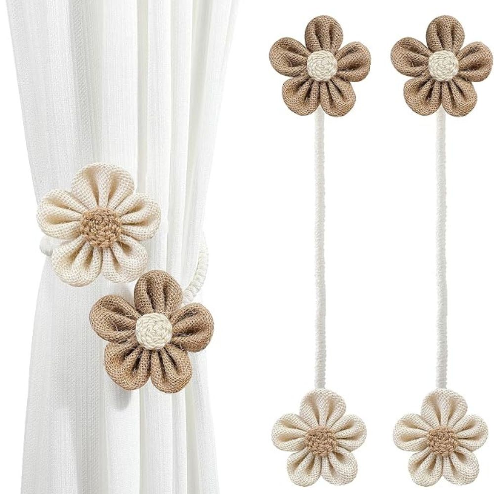 Floral Hemp Curtain Tiebacks - Rustic 2 Piece Set