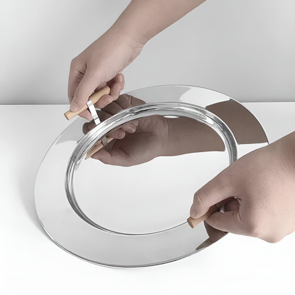 Stainless Steel Round Serving Tray with Wooden Handles