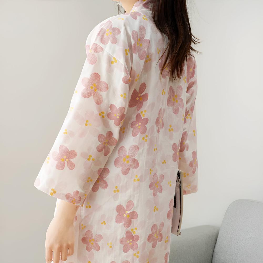 Floral Cotton Yukata Bathrobe with Adjustable Waist
