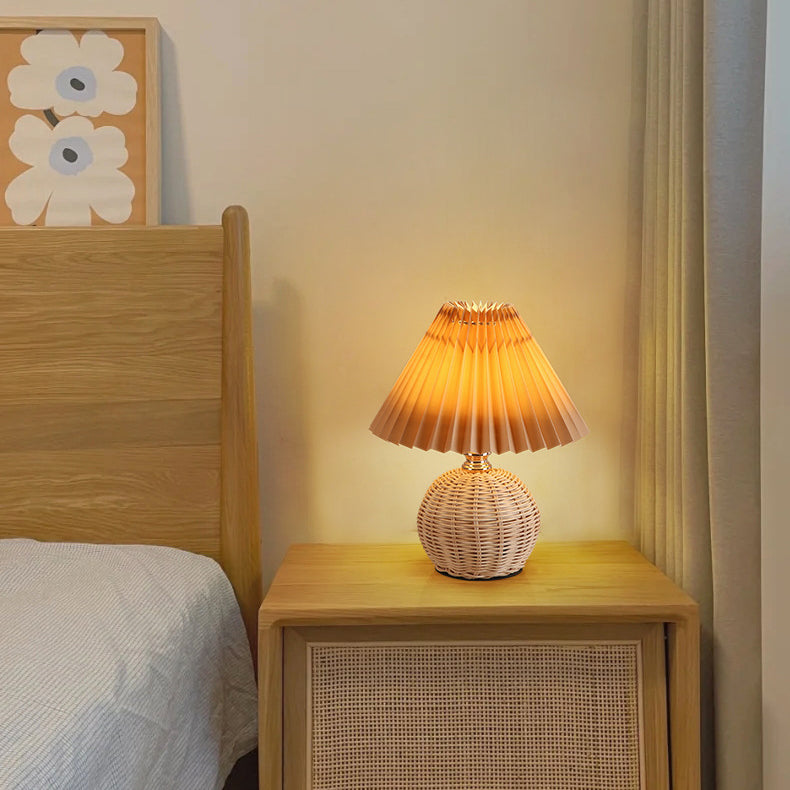 Nordic LED Table Lamp with Woven Rattan Base and Dimmable Fabric Shade