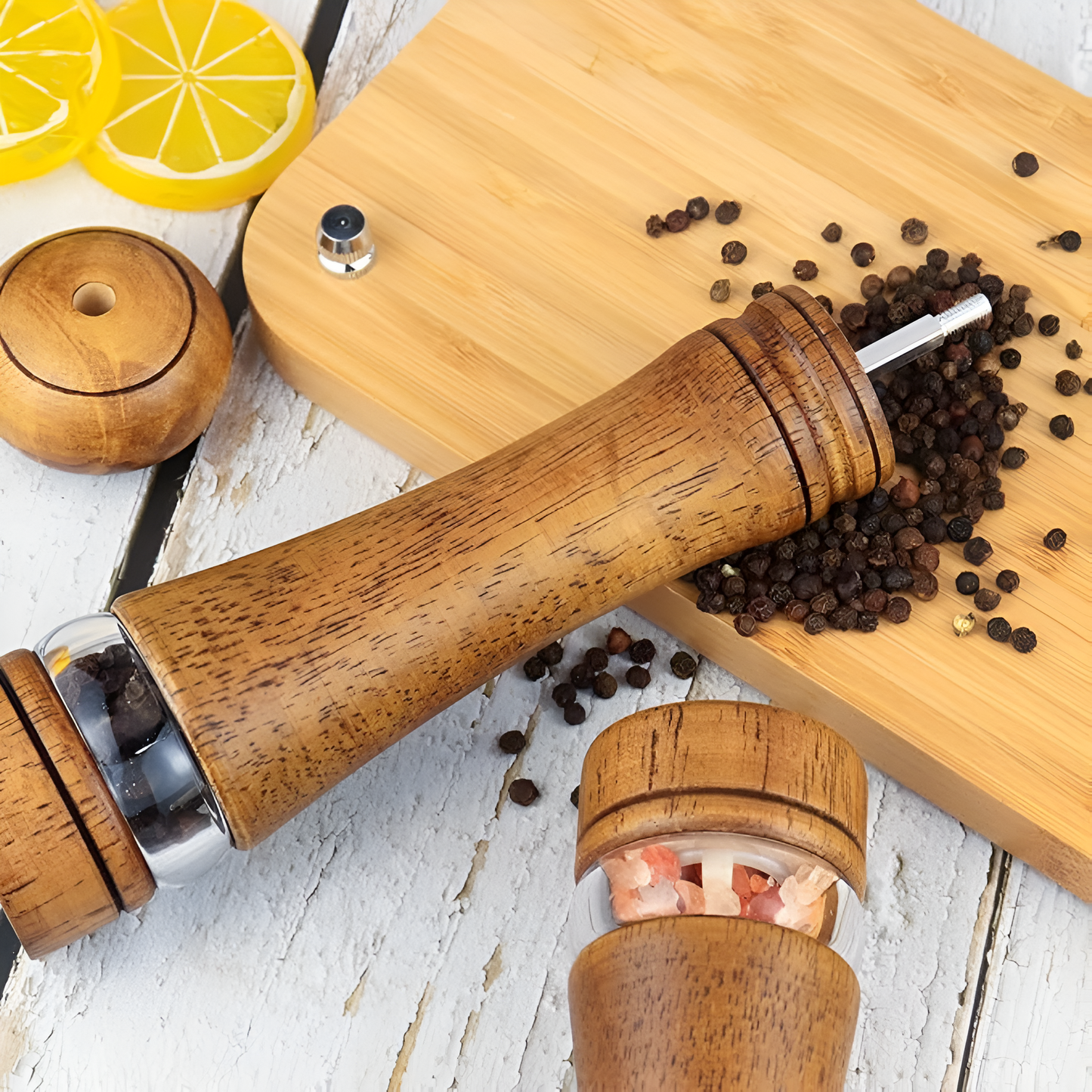 Rustic Oak Salt and Pepper Grinder Set with Adjustable Coarseness