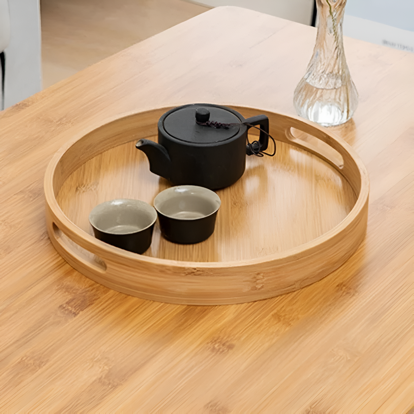 Eco-Friendly Bamboo Round Serving Tray with Handles