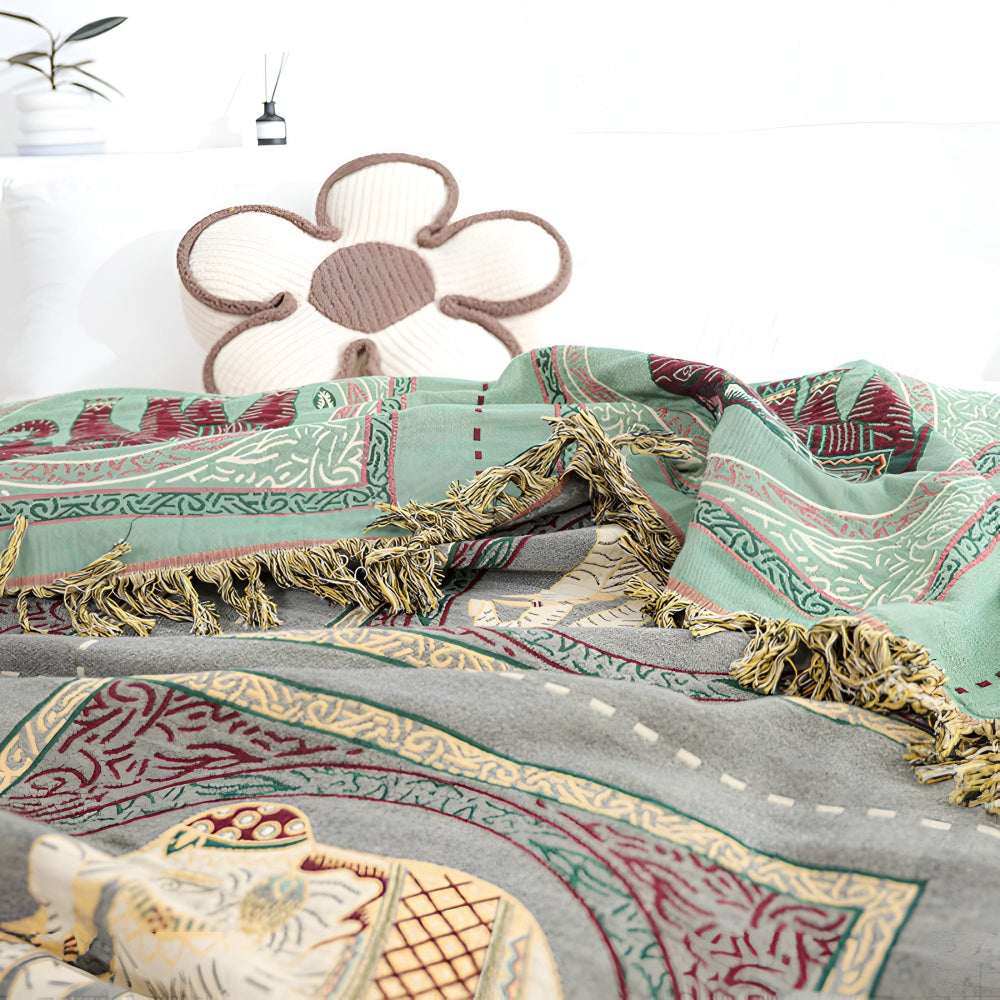 Elephant Print Cotton Gauze Tassel Blanket