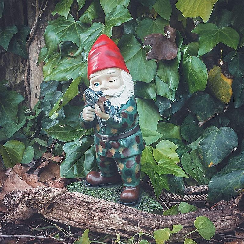 Military Garden Gnome Statue in Camouflage with AK47