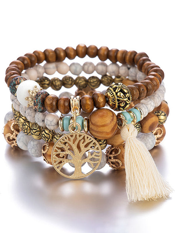 Tree of Life Beaded Bracelet Set with Golden Charm and Tassel