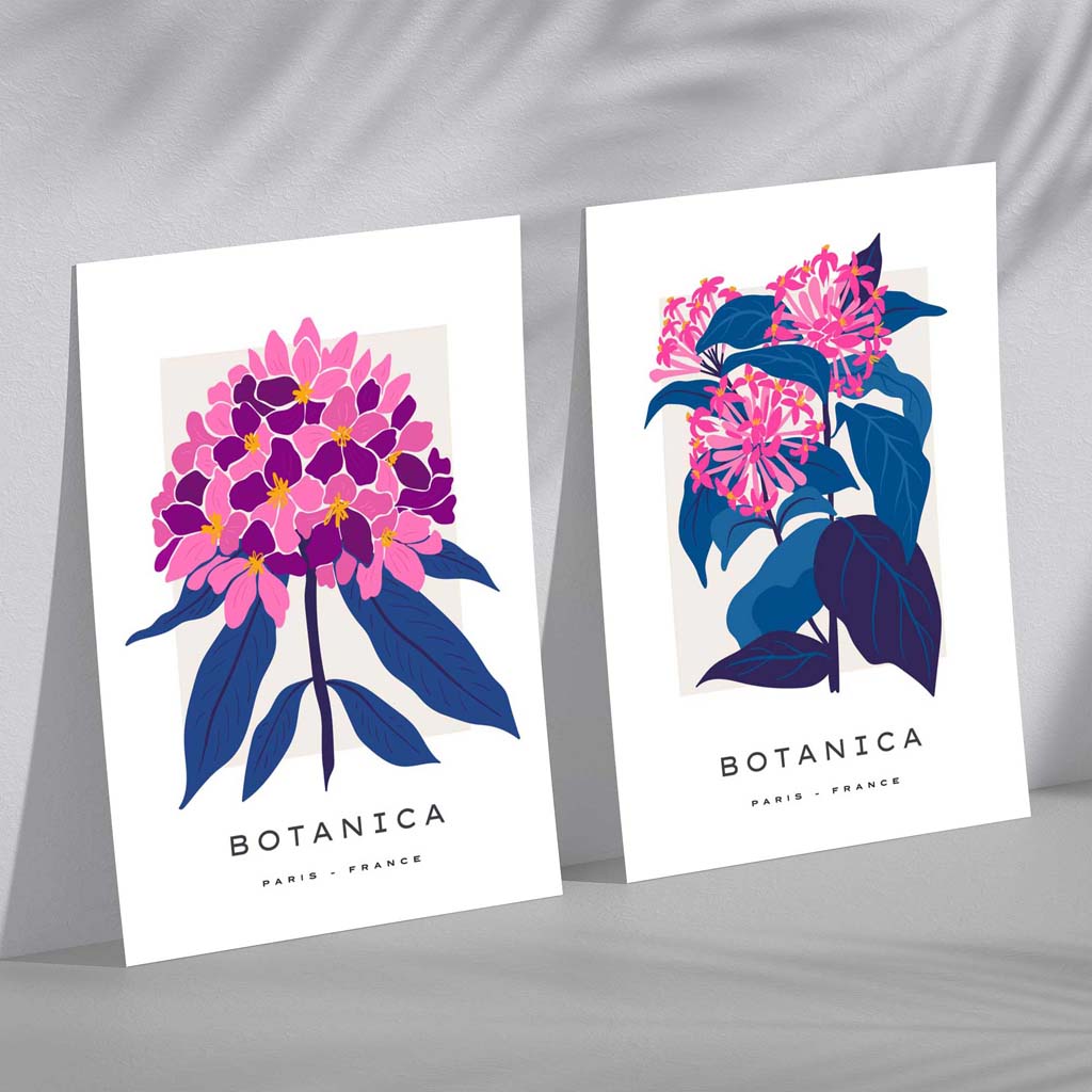 Bright Pink and Blue Flower Art Prints Set of 2