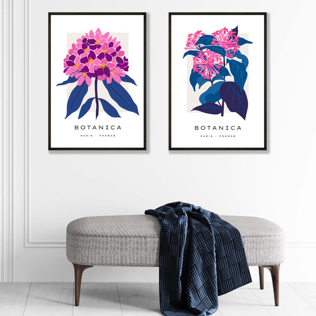 Bright Pink and Blue Flower Art Prints Set of 2